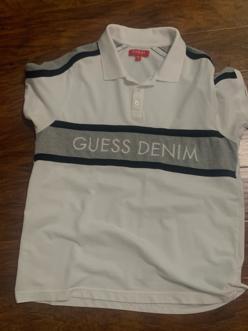 GUESS White Polo with Gray and Navy Stripes